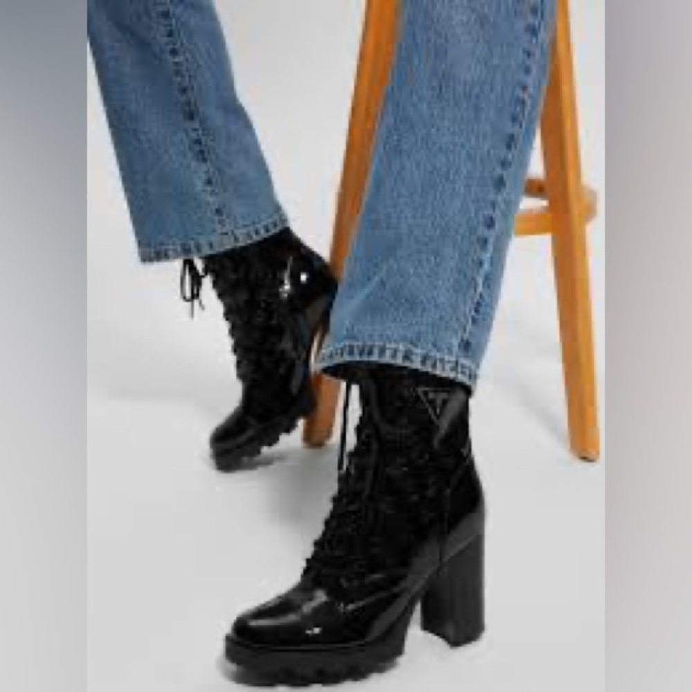 Black leather Lace-Up Block Heel Boots for Women